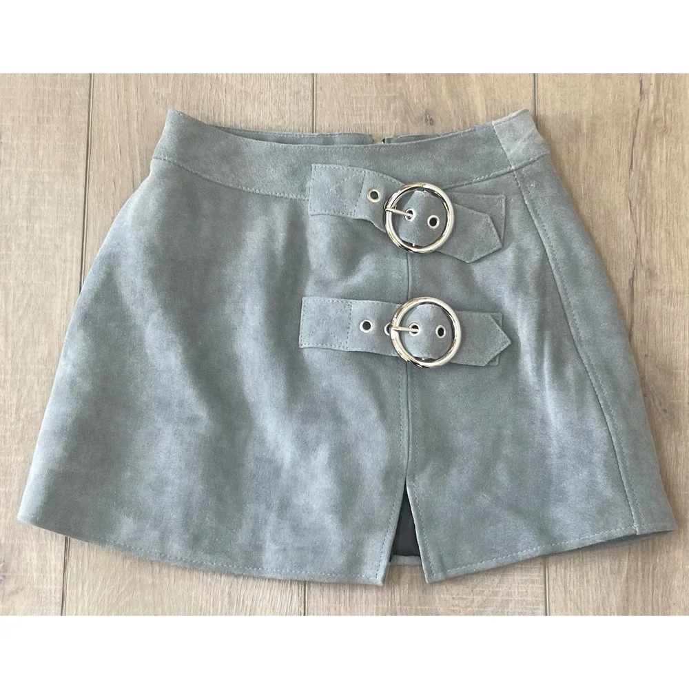 NEW UNDERSTATED LEATHER x FREE PEOPLE GRAY SUEDE BUCKLE MINI SKIRT RETRO SZ XS